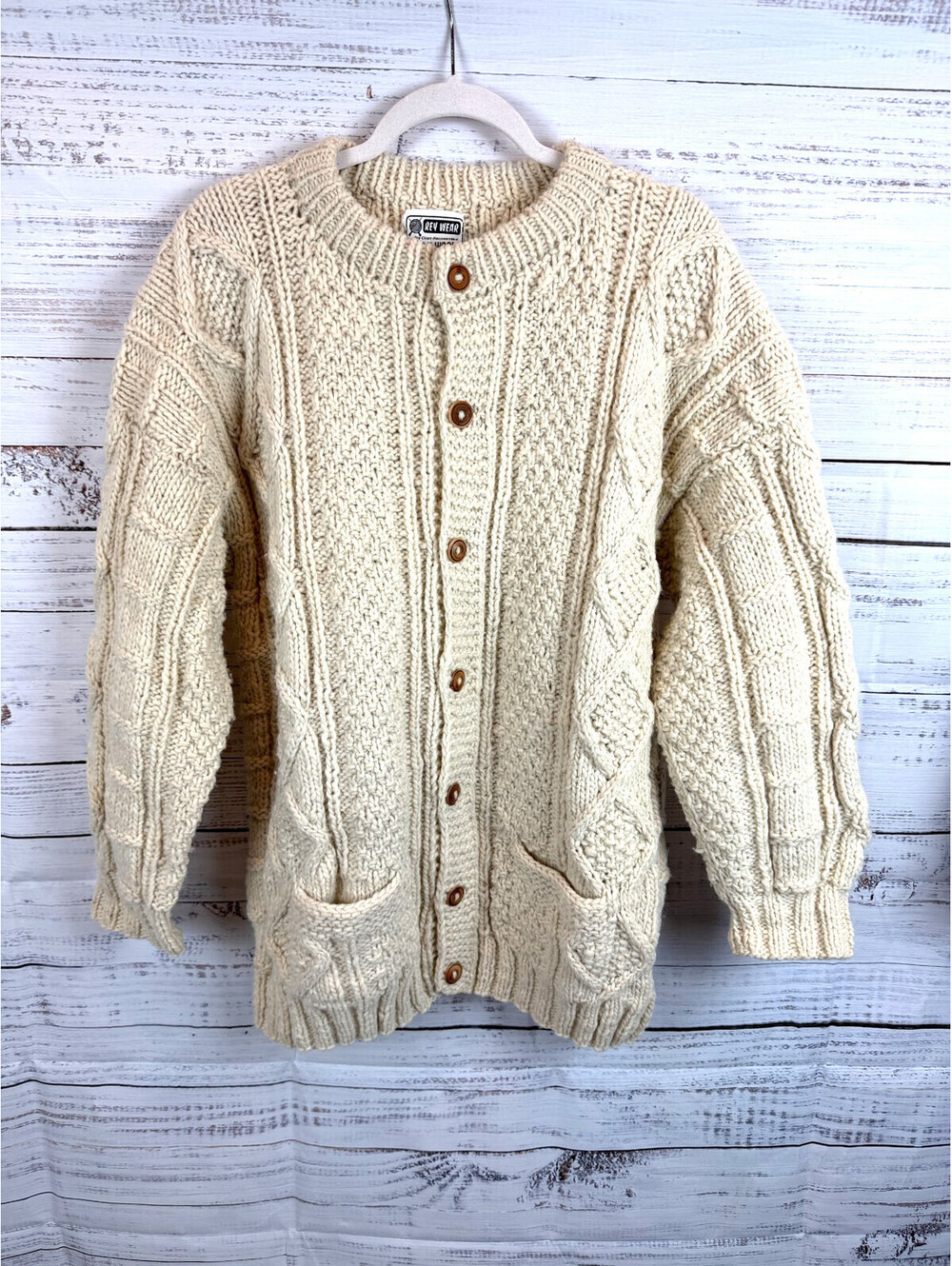 REY WEAR Bolivia mens 100% wool chunky handmade cable knit cardigan sweater L-XL